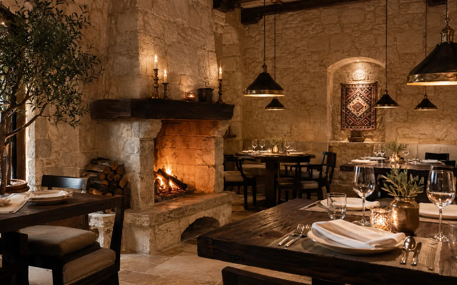 Gurra's dining room with limestone walls, walnut tables and warm brass light